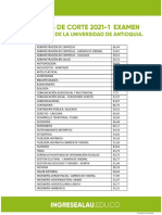 Puntajes de Corte Admision 2021 1 Udea