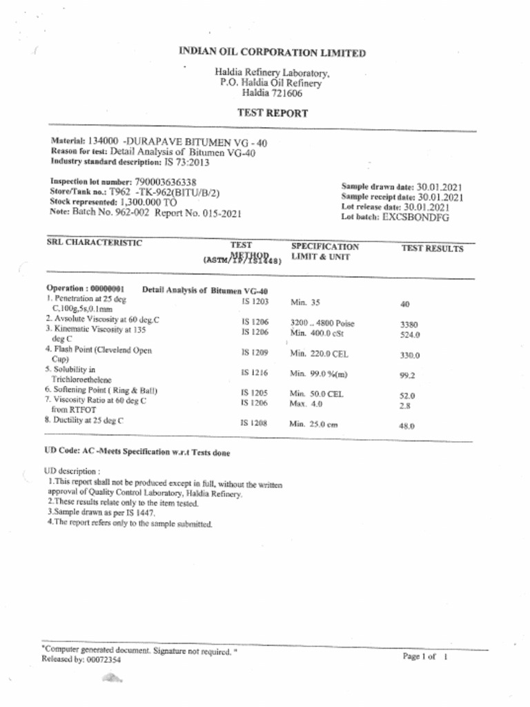 Bitumen - IOCL VG-40 Haldia | PDF