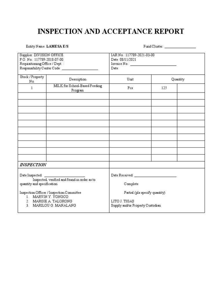 Inspection and Acceptance Report PDF Quality Business Process