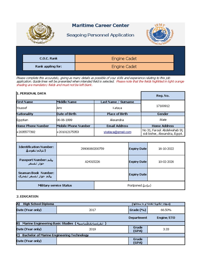 Seagoing Application: Youssef Kataya | PDF | Ships | Water Transport