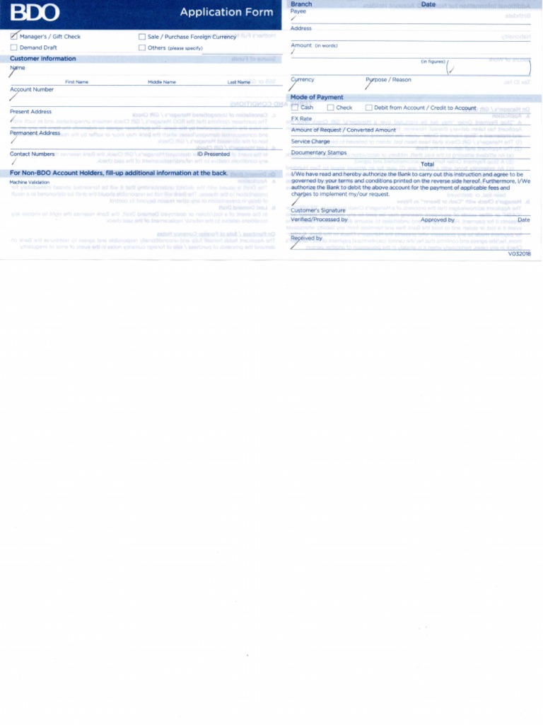 BDO Manager's Check Application Form PDF
