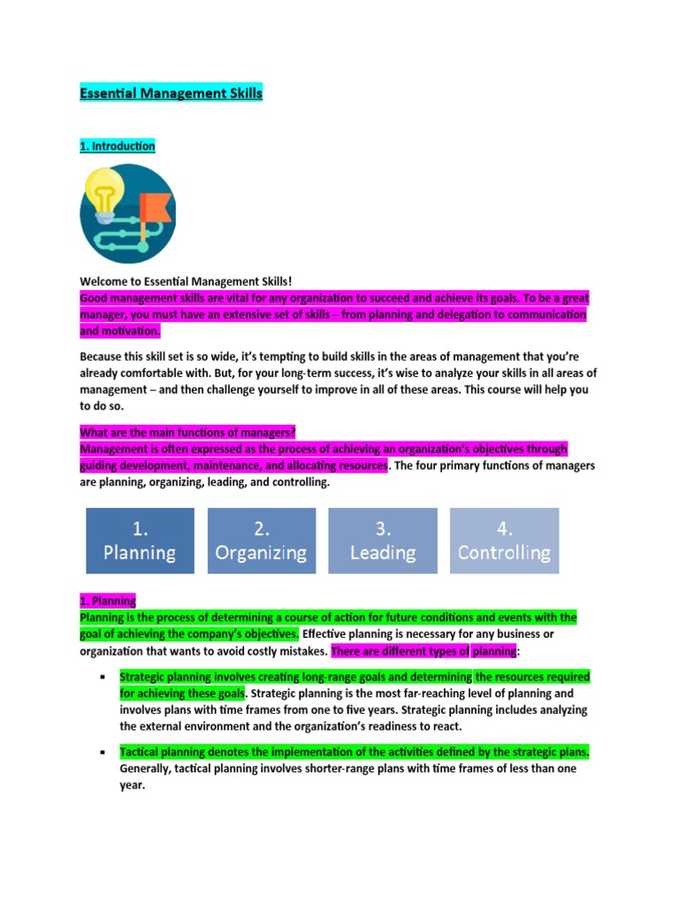 Essential Management Skills Overview | PDF | Leadership | Project ...