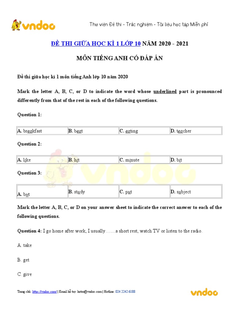 Đề Thi Giữa Học Kỳ 1 Tiếng Anh 10 | PDF | English Language