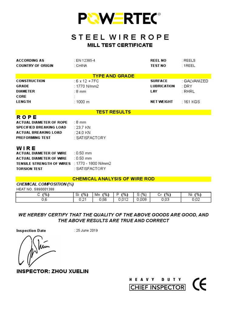POWERTEC STEEL WIRE ROPE CERTIFICATE 6x12+7FC 8mm PDF