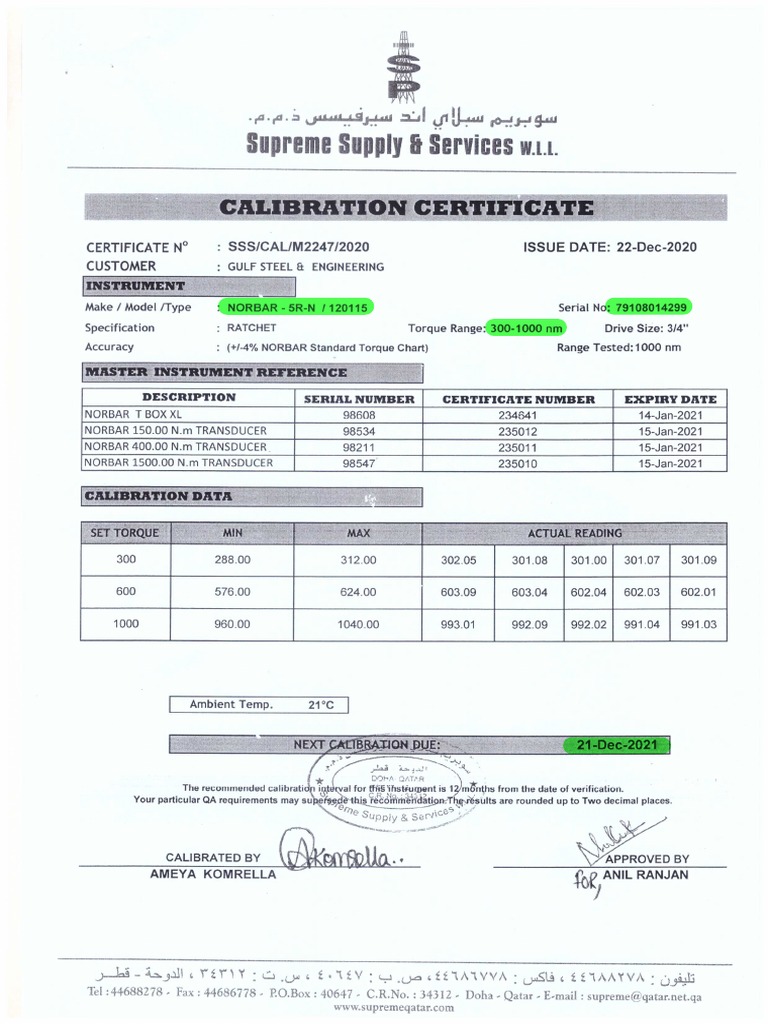 TORQUE CALIBRATION CERTIFICATE 1000 NM PDF