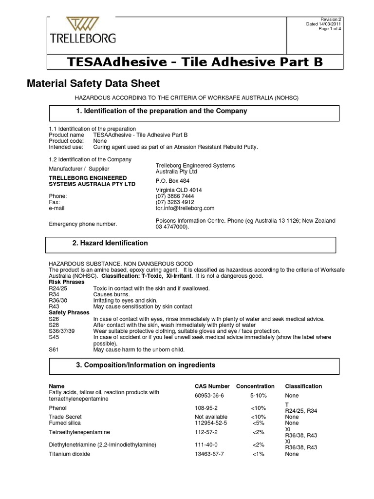 MSDS TESAAdhesive Tile Adhesive Part B PDF Toxicity Dangerous