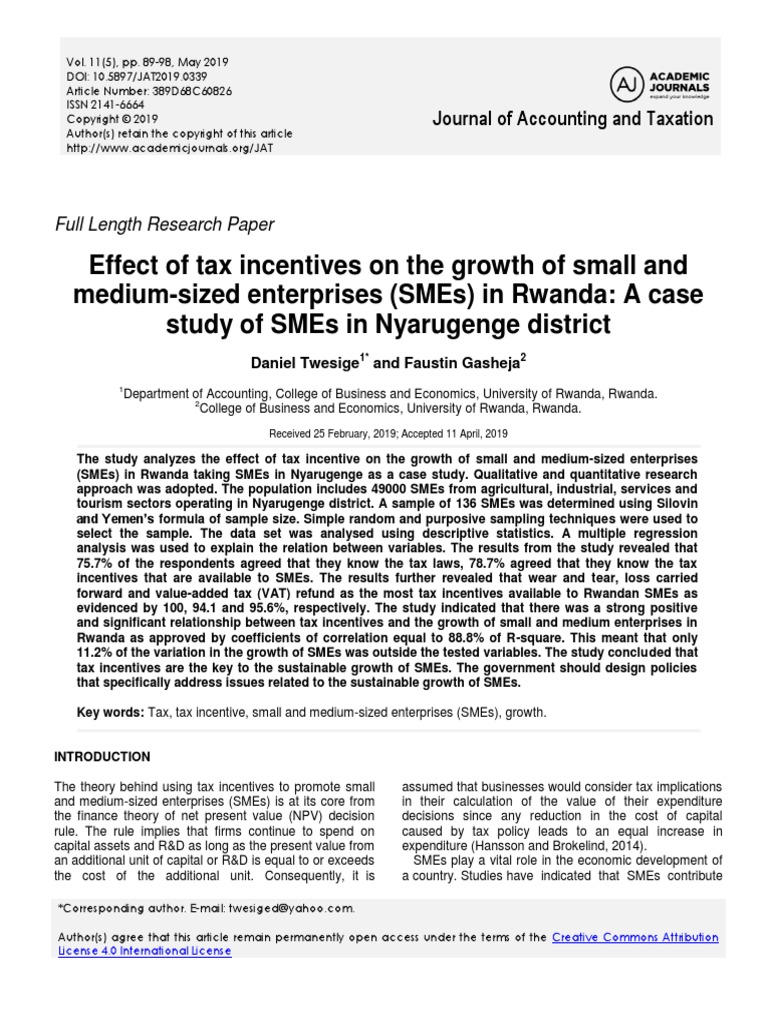 Effect of Tax Incentives On The Growth of SMEs in Rwanda | PDF | Taxes ...