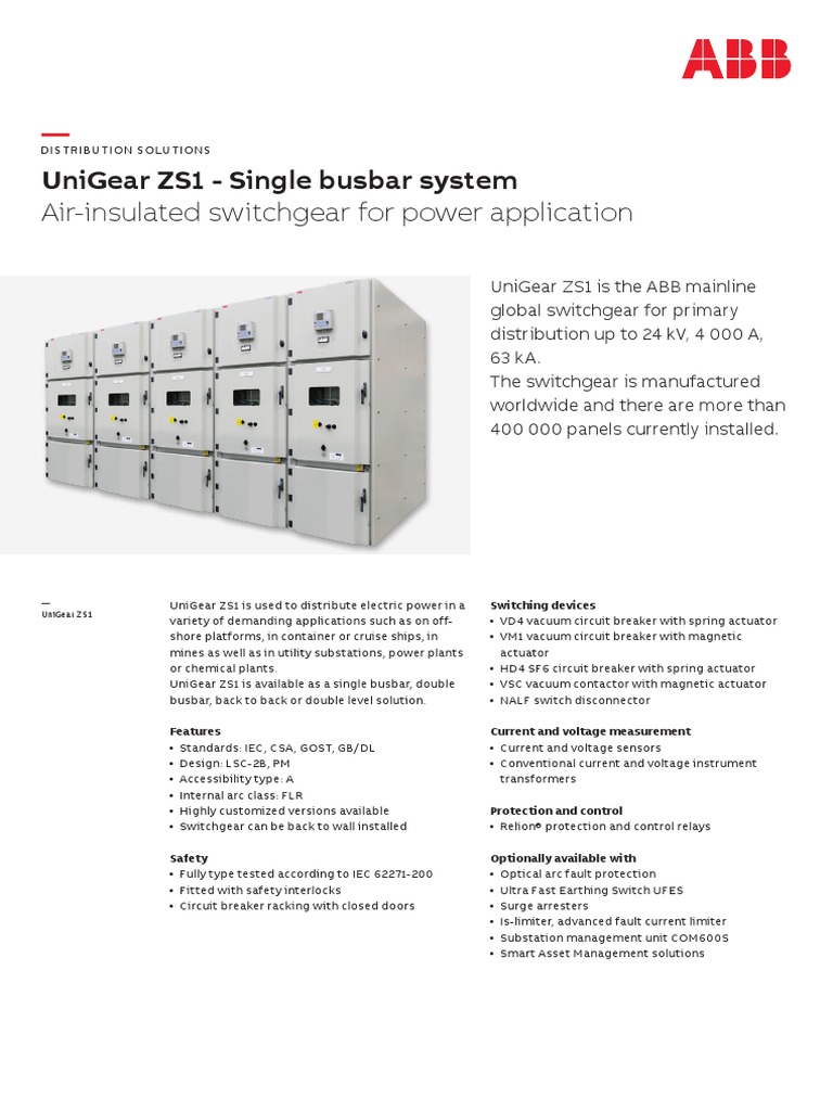 Unigear Zs1 Single Busbar System AirInsulated Switchgear For Power