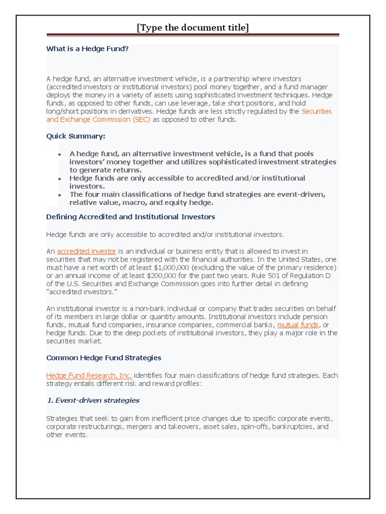 Type The Document Title What Is A Hedge Fund Pdf Hedge Fund