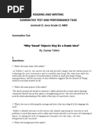 Reading and Writing Summative Test and Performance Task: Jemimah D. Jarce Grade-11 ABM