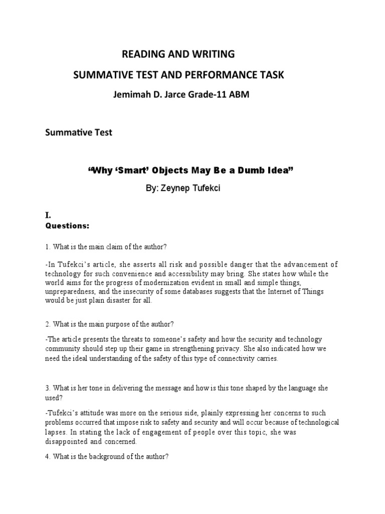 Reading and Writing Summative Test and Performance Task Jemimah D