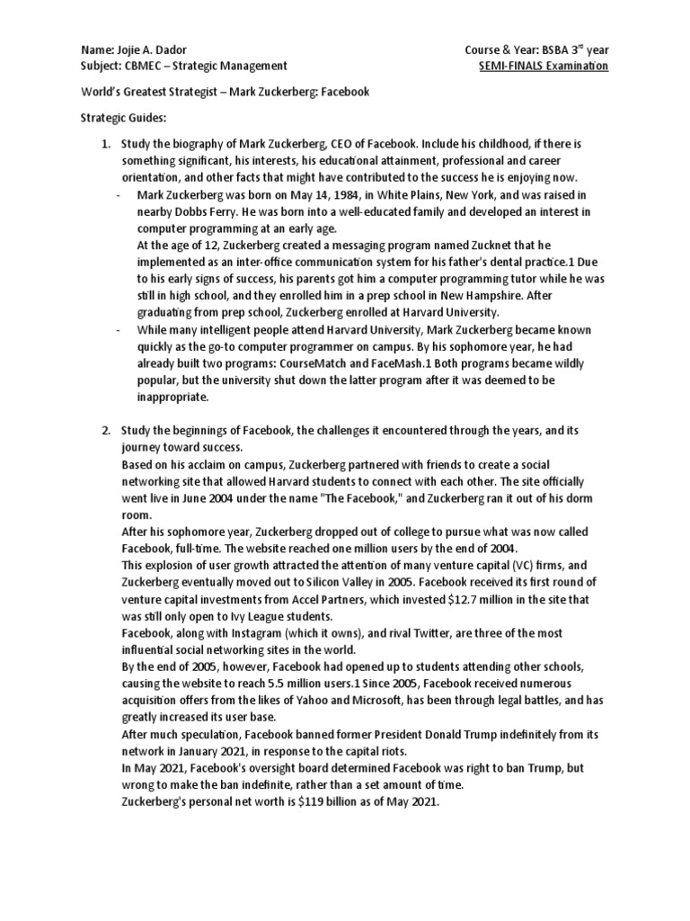 World Greatest Strategists Mark Zuckerberg of Facebook PDF Mark Zuckerberg Facebook