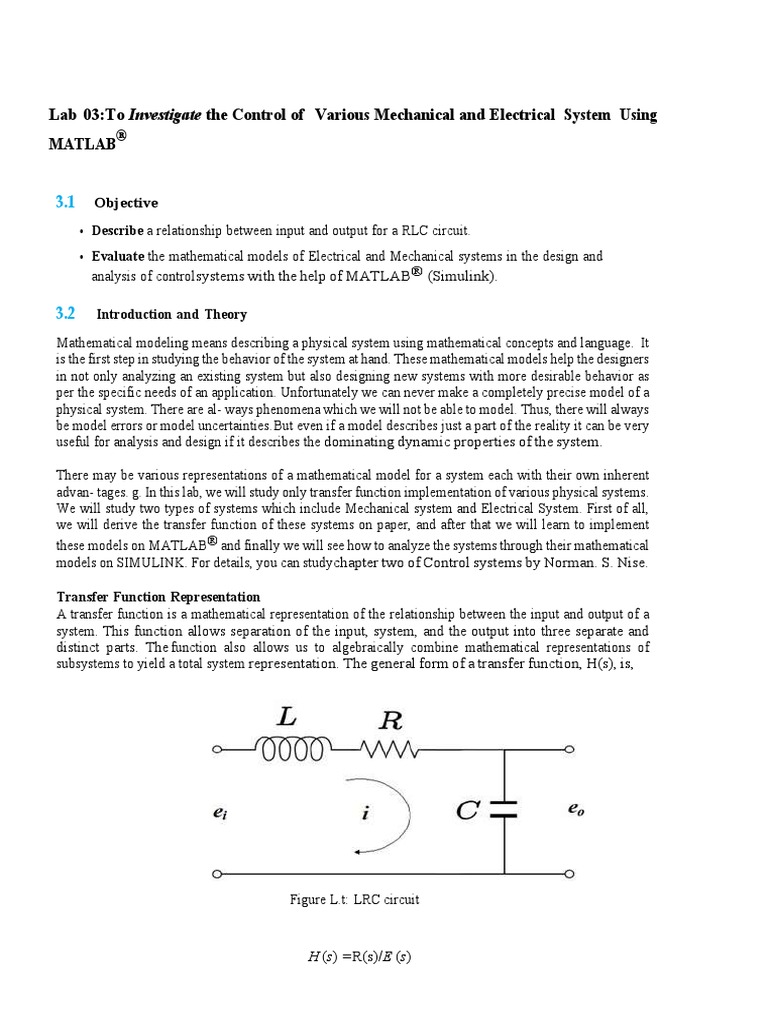 Lab 03:to Investigate The Control of Various Mechanical and Electrical ...
