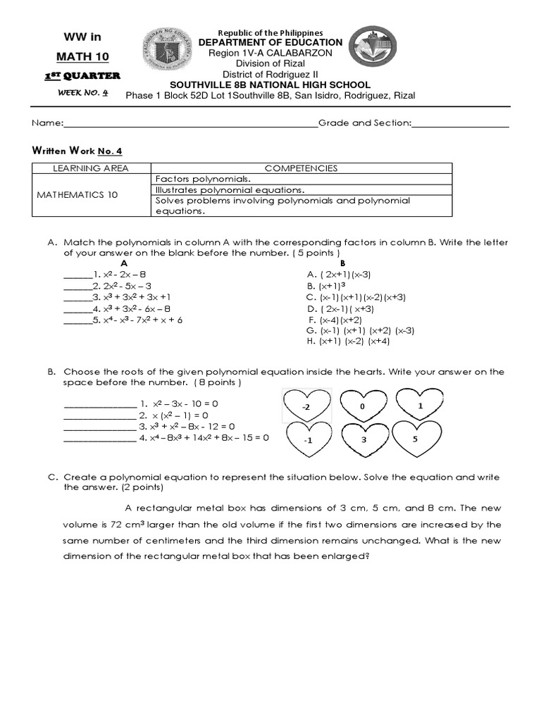 Grade 10 Polynomial Worksheet | PDF | Equations | Algorithms