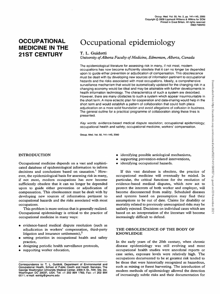 Occupational Epidemiology Occupational Medicine in The 21St Century PDF Occupational Safety