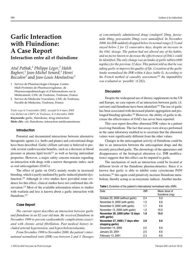 Garlic Interaction With Fluindione A Case Report PDF Drugs