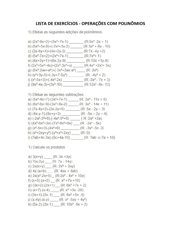 Lista de Exercícios - Operações Com Polinômios | PDF