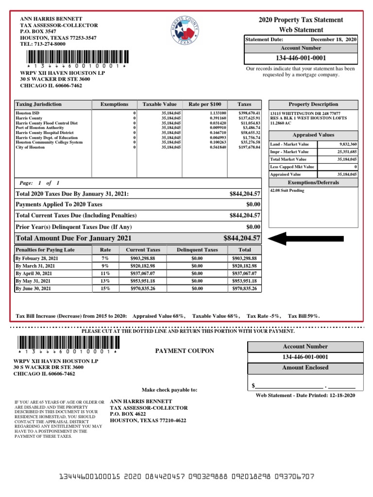 2020 Property Tax Statement for WRPV XII Haven Houston LP Detailing