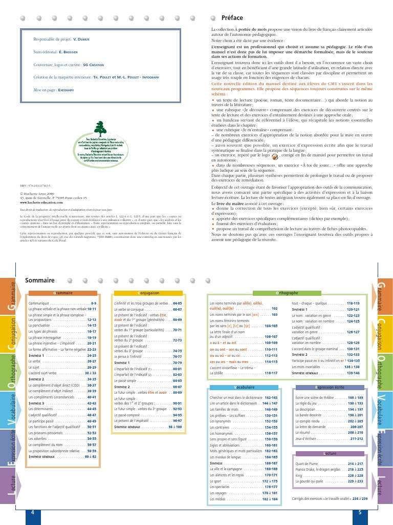 A Portée De Mots Cm2 Corrigés Pdf Sommaire A Porté de Mots CM1 | PDF | Phrase | Pédagogie