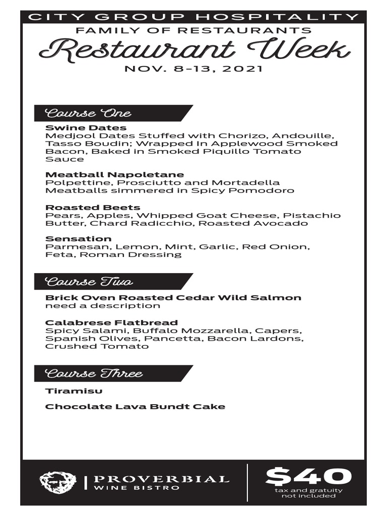 Proverbial Wine Bistro Restaurant Week Menu | PDF
