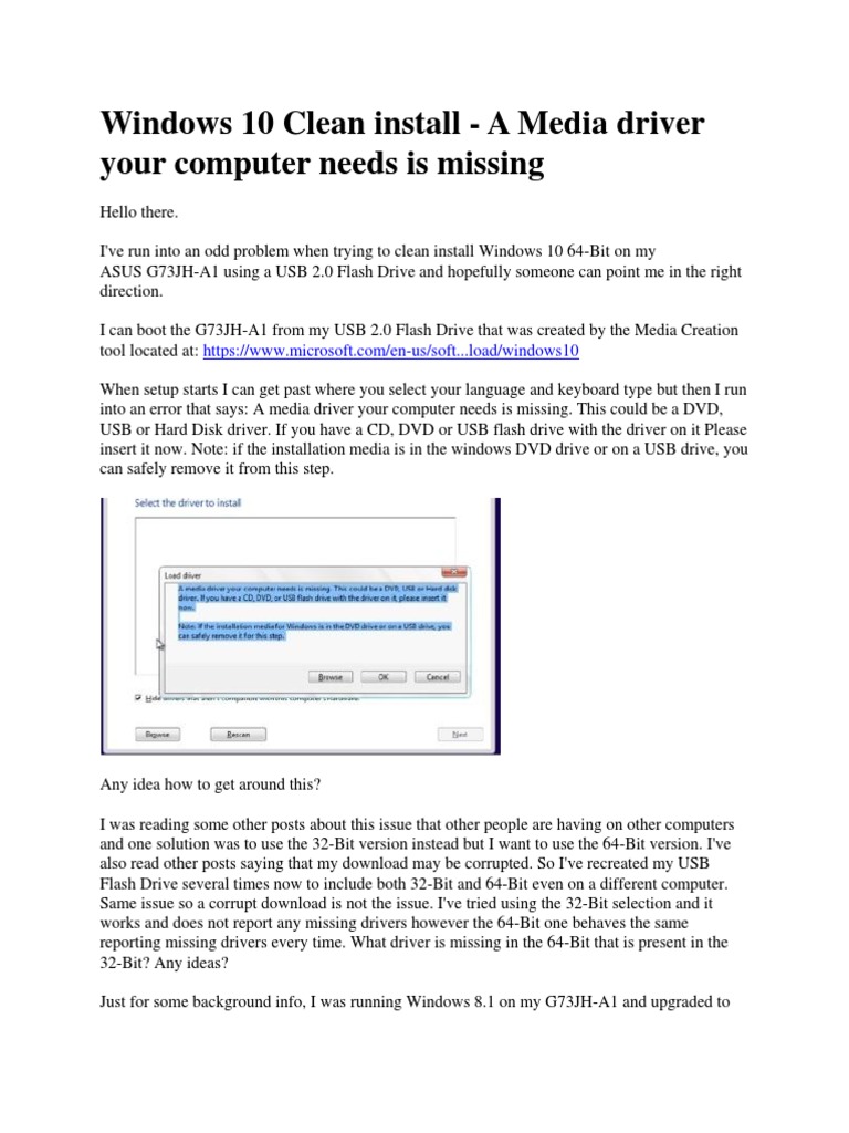 windows 10 usb install a media driver your computer needs is missing
