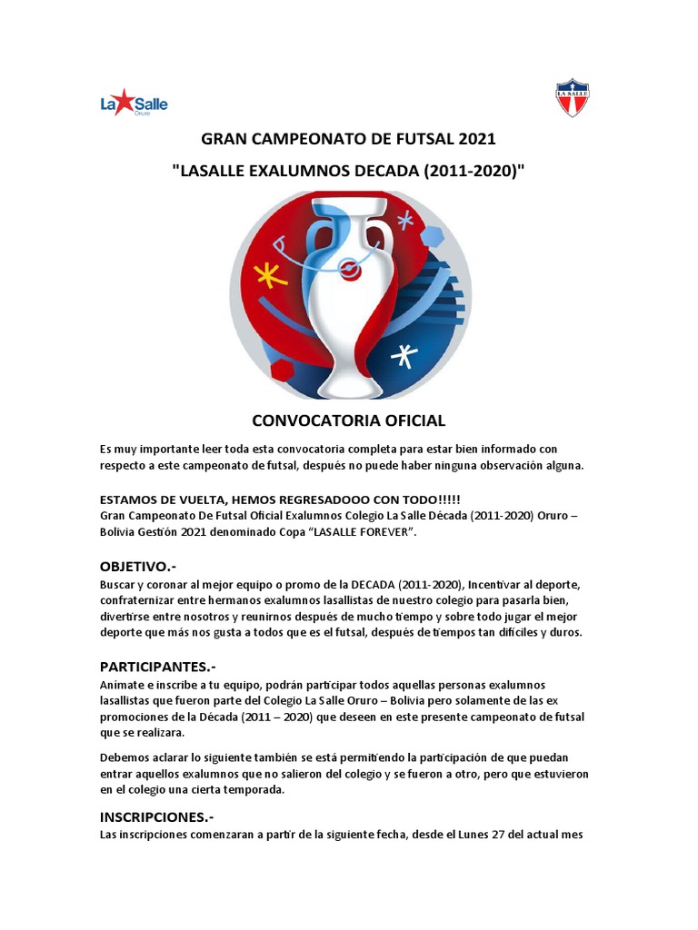 Convocatoria Campeonato de Futsal | PDF | Equipos | Asociación de Futbol