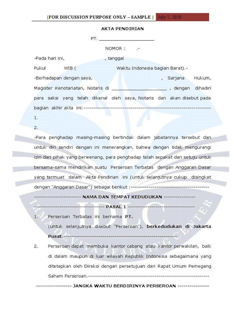 Contoh Akta Pendirian Pt Pma Tuaceto Gambaran Riset