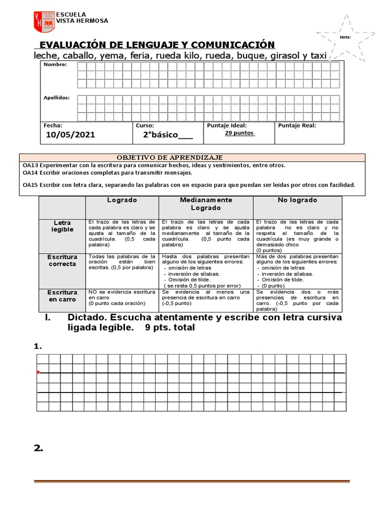 Prueba De Escritura Segundo Pdf
