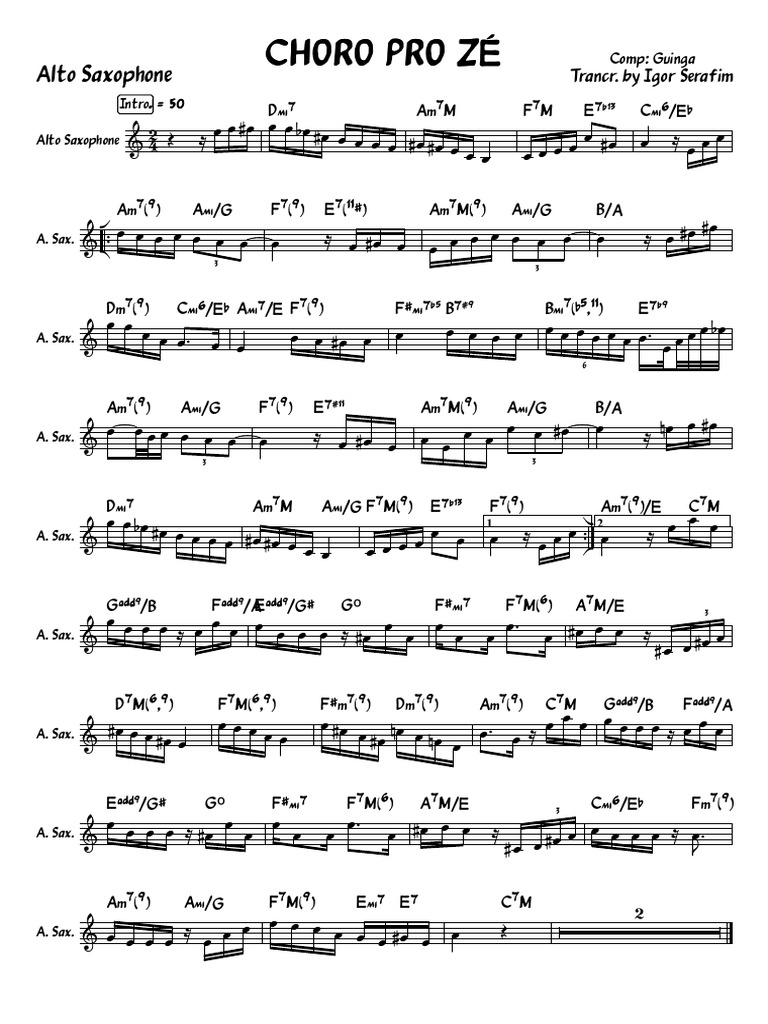 Alto Sax Sheet Music: Choro Pro Zé | PDF | Saxophone | Woodwind Instruments