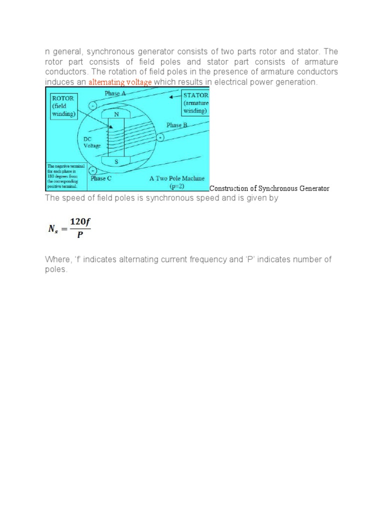Construction and Working of Synchronous Generator | PDF