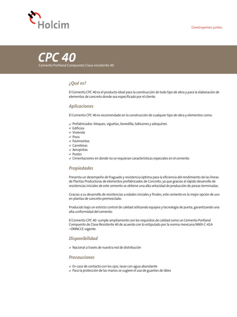 Ficha Técnica Cemento CPC 40 Holcim | PDF | Hormigón | Cemento