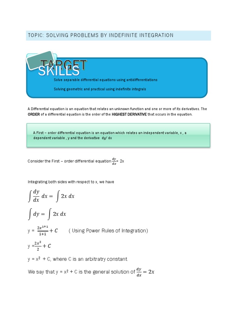 Solving Problems by Indefinite Integration | PDF | Equations | Derivative