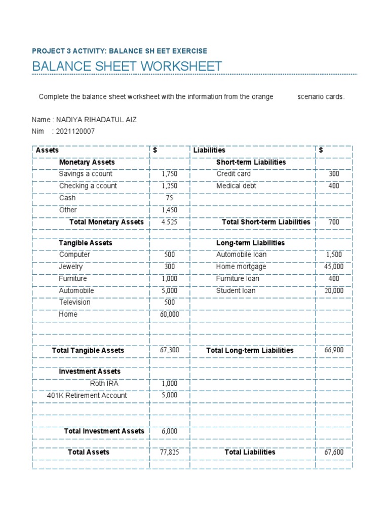 Balance Sheet Accounting Worksheets