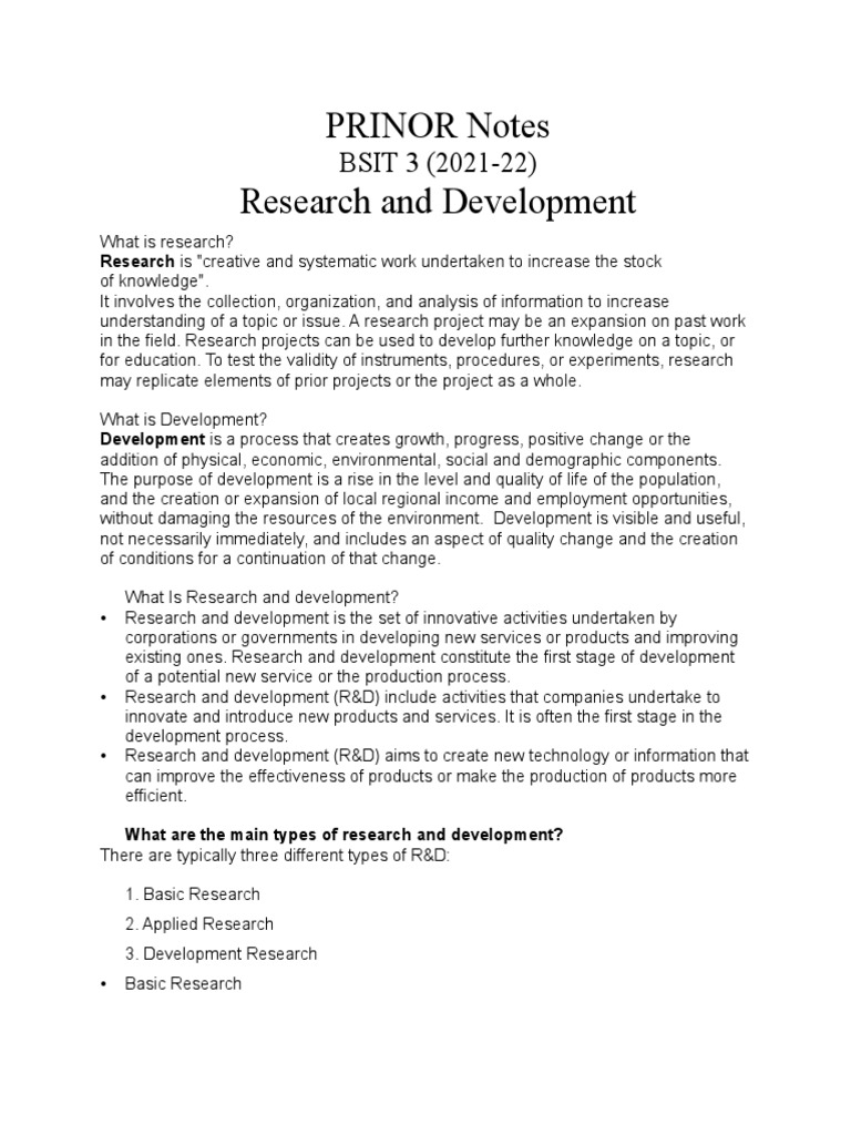 Research and Development Notes | PDF | Research And Development | Basic ...