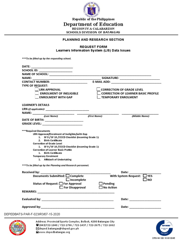 Lis Data Request Form For Schools Pdf
