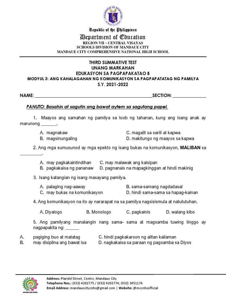 QUARTER 1 3RD SUMMATIVE TEST EsP 8 2021 2022 | PDF