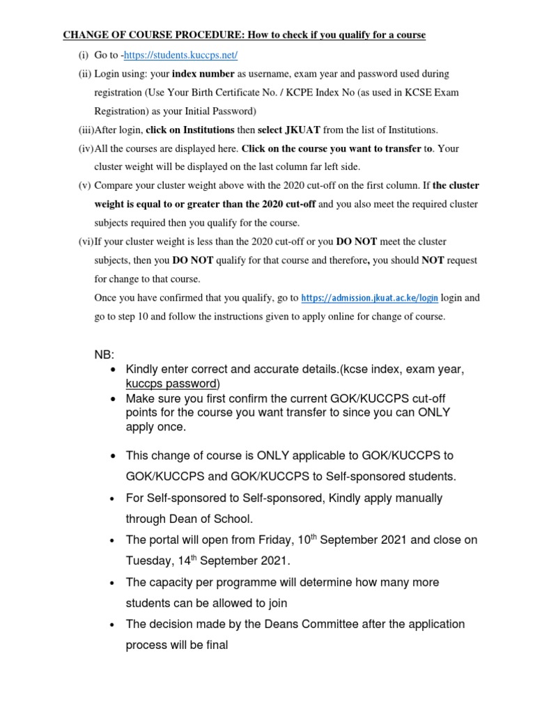 KUCCPS Course Change Procedure | PDF