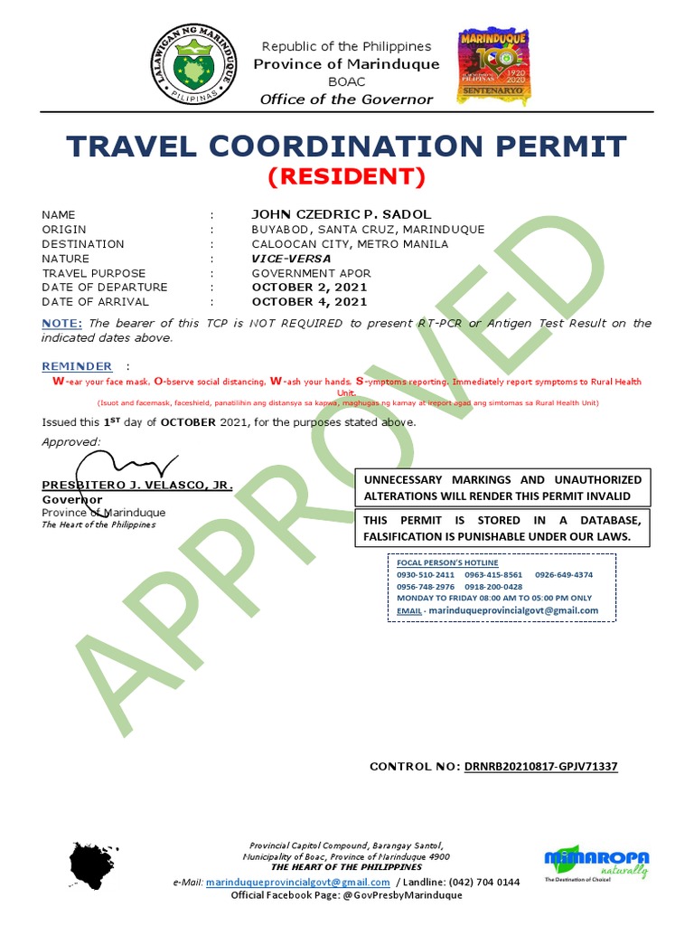 Travel Coordination Permit (Resident) PDF Emergency Management