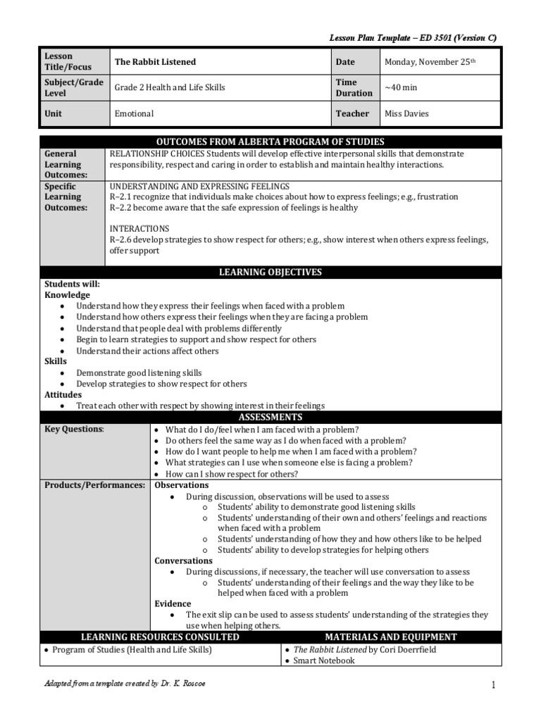The Rabbit Listened Lesson Plan | PDF | Feeling | Lesson Plan