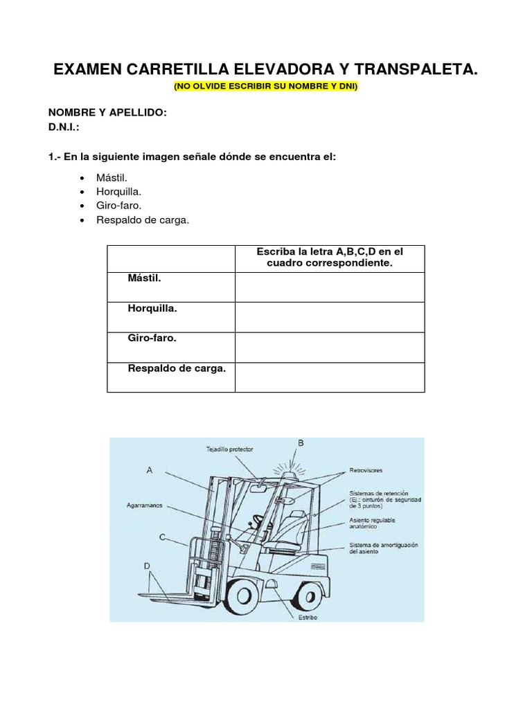 Examen Carretilla Elevadora y Transpaleta. | PDF | Máquina elevadora, image size:768x1024