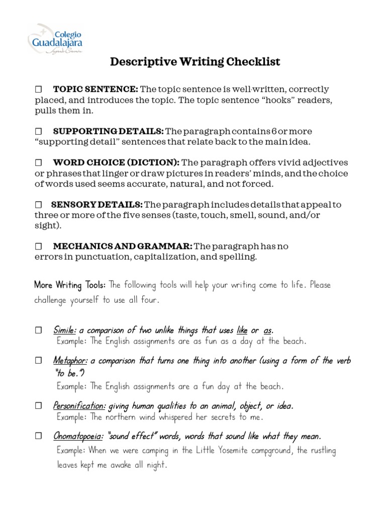Descriptive Writing Checklist PDF
