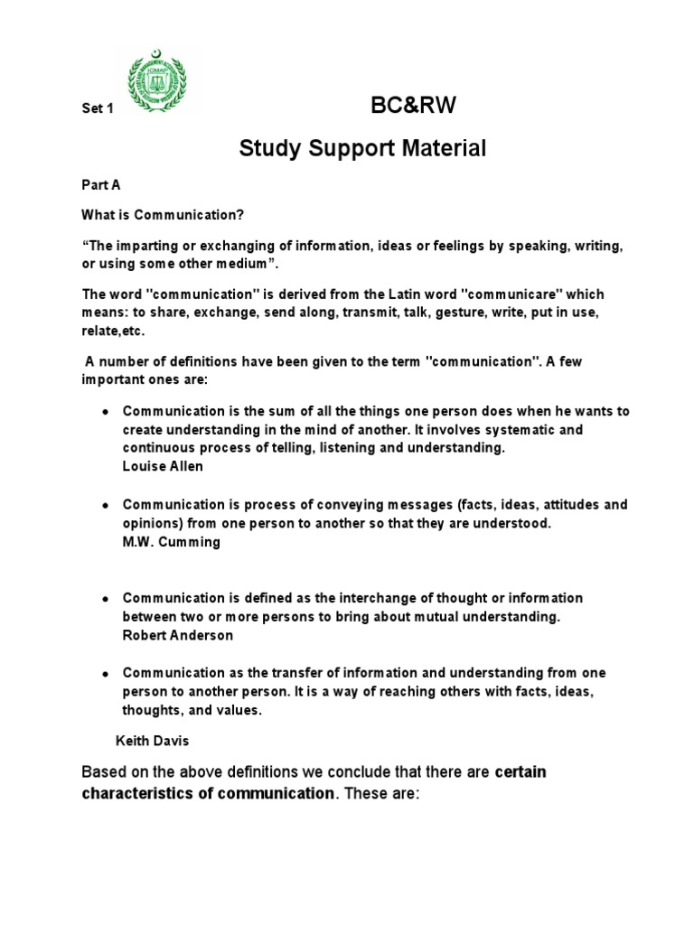 BC&RW Study Support Material Based On The Above Definitions We