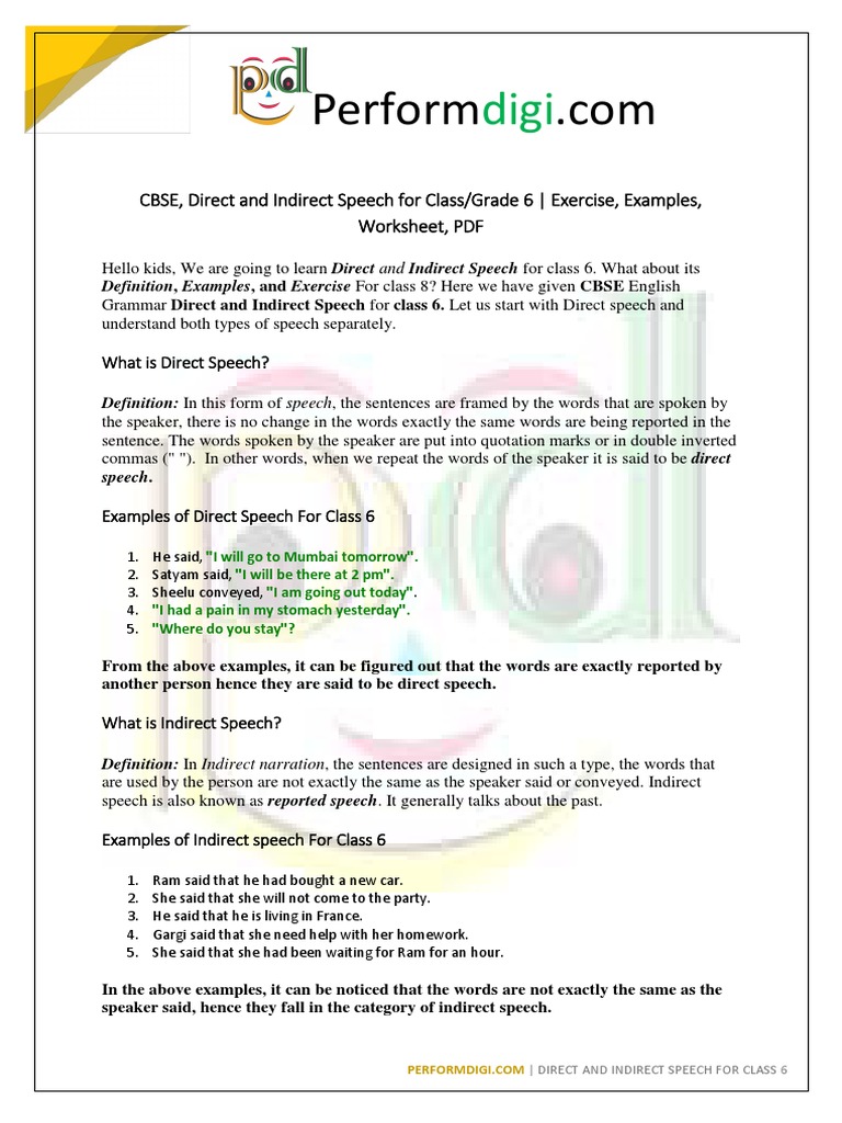 Perform: CBSE, Direct and Indirect Speech For Class/Grade 6 - Exercise ...
