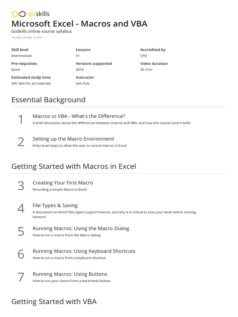 Microsoft Excel - Macros and VBA - GoSkills Course Syllabus | PDF ...