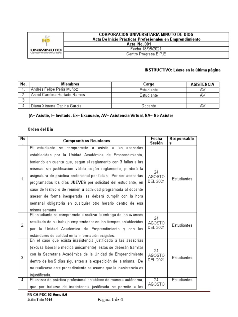 PENDIENTE Formato Acta Inicio de Práctica Profesional | PDF ...