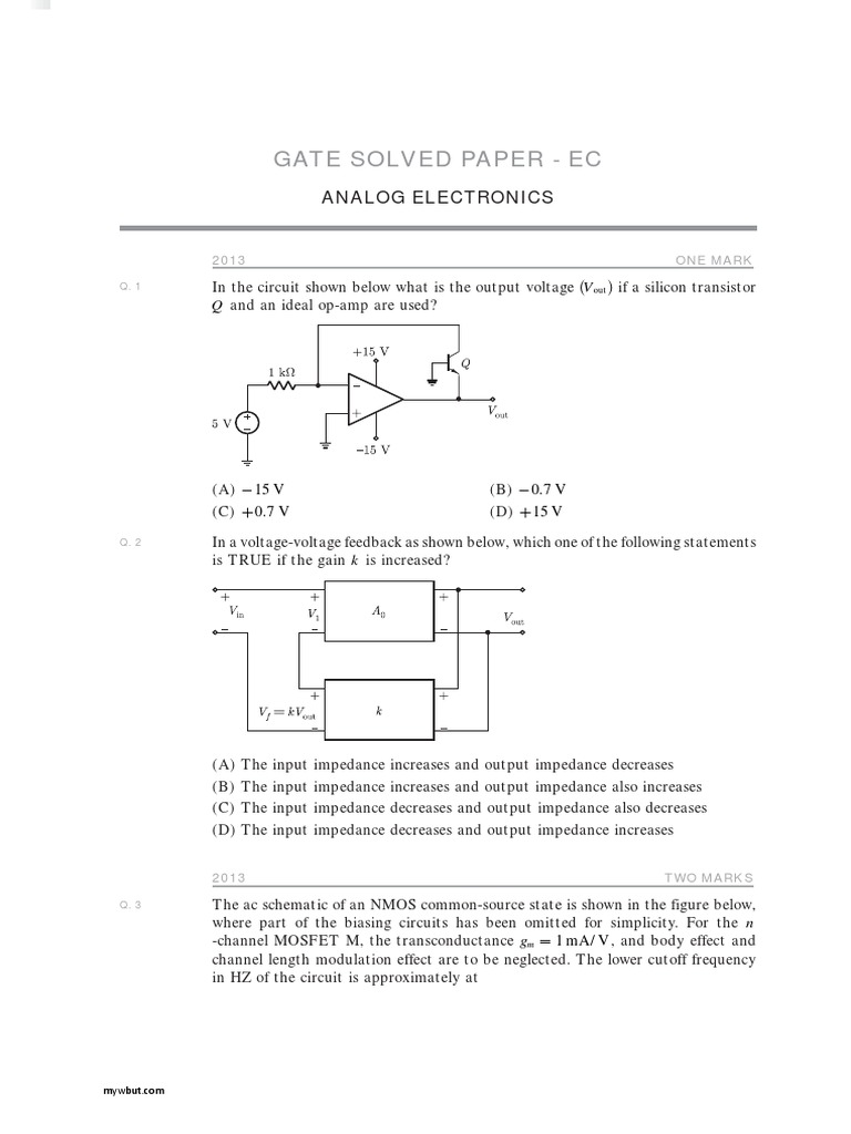 GATE 2013 Analog Electronics Solutions | PDF | Amplifier | Operational ...
