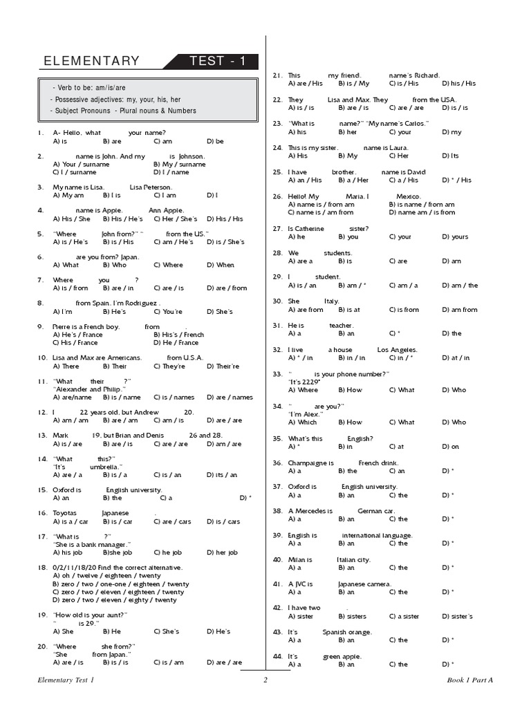 Elementary: Test - 1 | PDF | Grammatical Number | Syntax