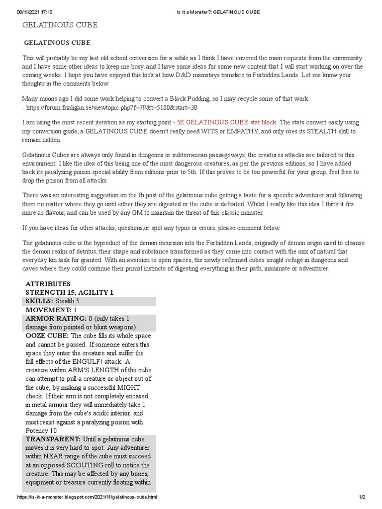 5E GELATINOUS CUBE Stat Block PDF