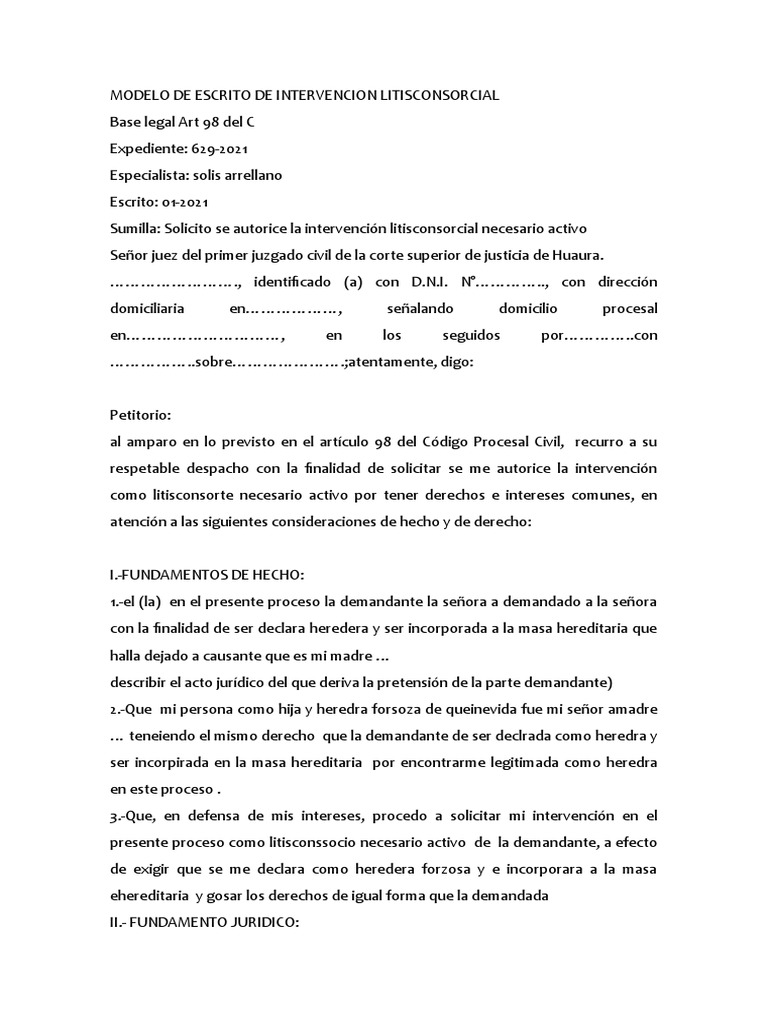Solicitud de Intervención Litisconsorcial | PDF | Reunión | Ley procesal