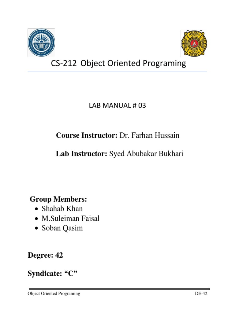 CS212 Object Oriented Programing Lab Manual 03 PDF Class